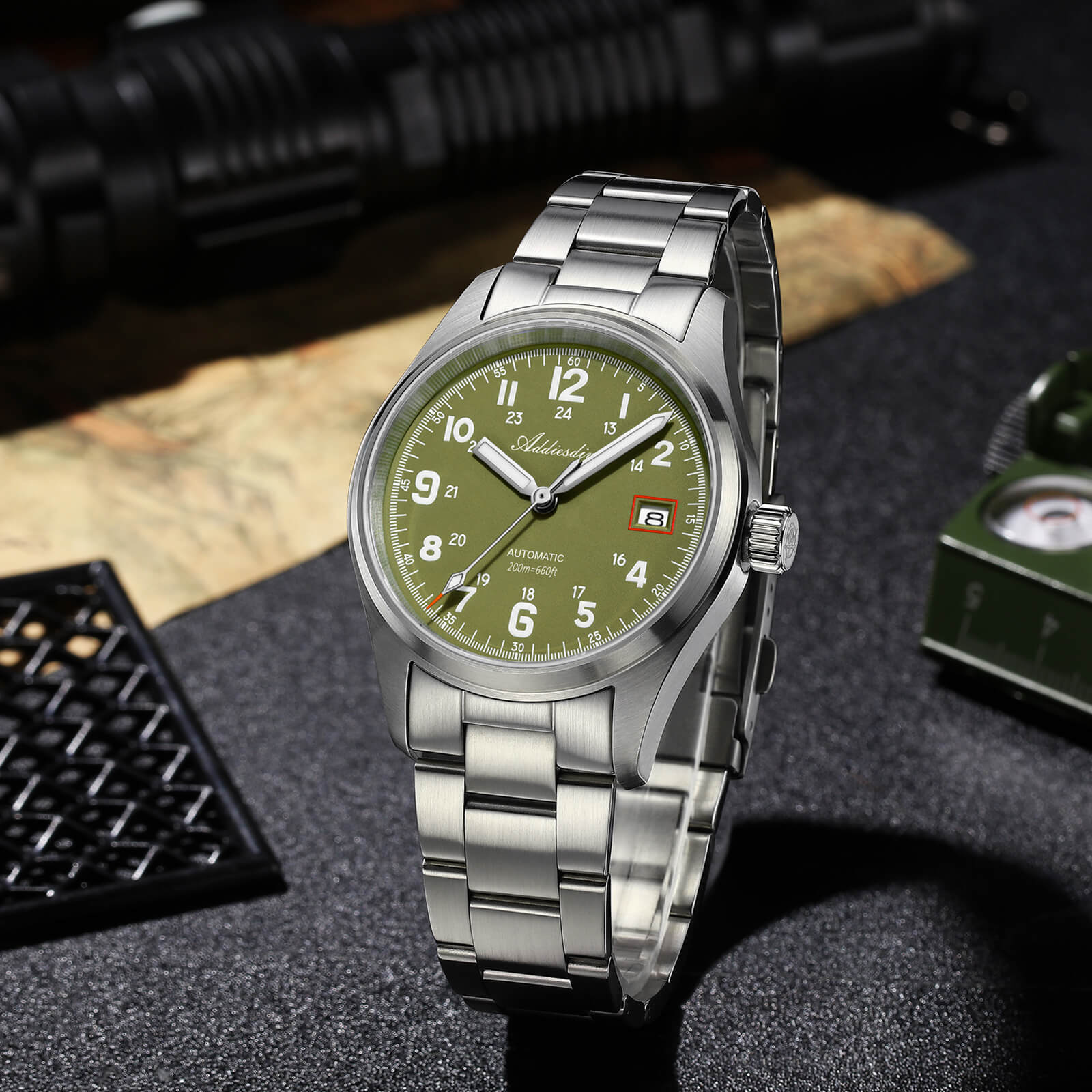 ADDIESDIVE Reloj automático Explore NH35 de 39 mm AD2070-Correa de acero-Negro-