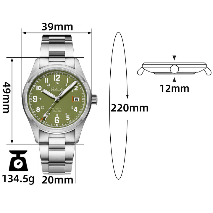 ADDIESDIVE Reloj automático Explore NH35 de 39 mm AD2070-Correa de acero-Negro-