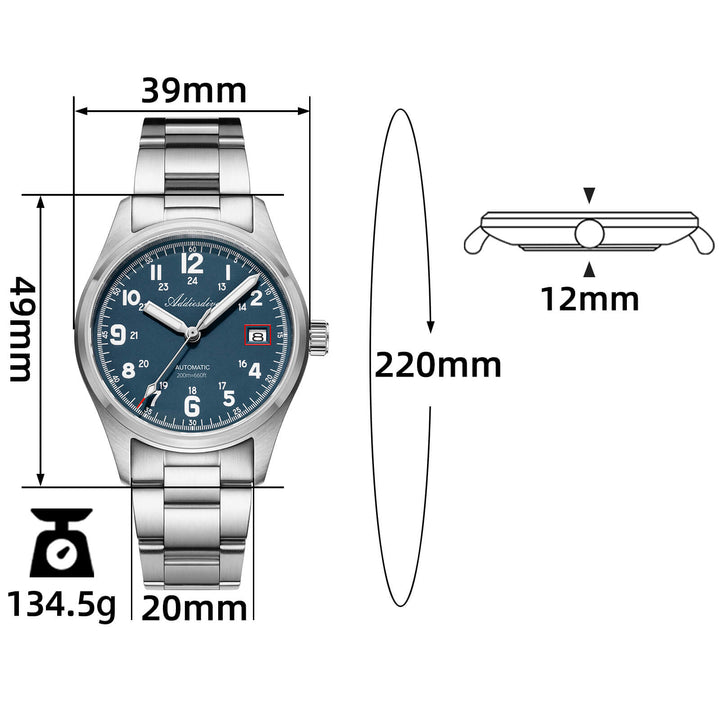 ADDIESDIVE Reloj automático Explore NH35 de 39 mm AD2070-Correa de acero-Negro-