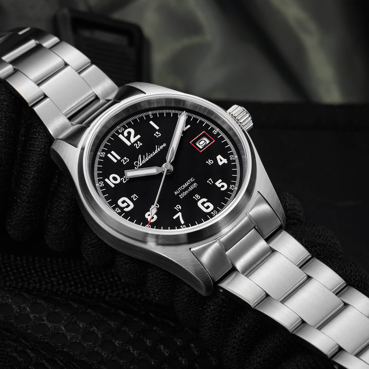 ADDIESDIVE Reloj automático Explore NH35 de 39 mm AD2070-Correa de acero-Negro-