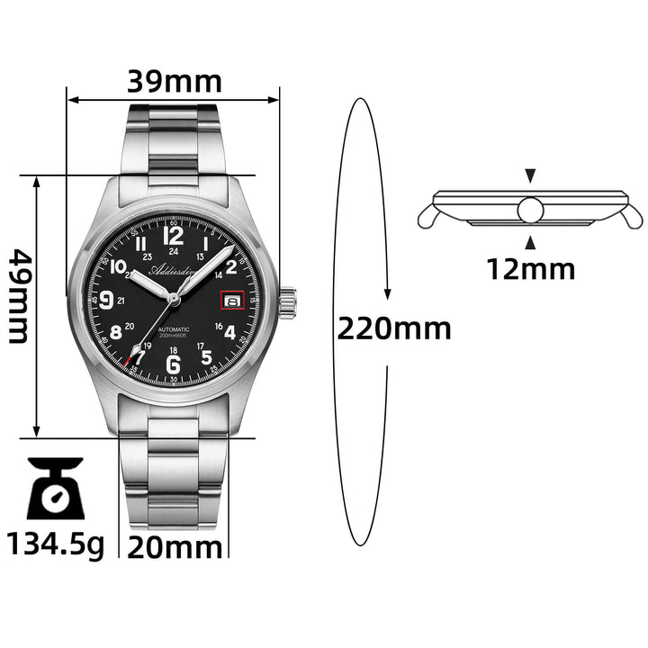 ADDIESDIVE Reloj automático Explore NH35 de 39 mm AD2070-Correa de acero-Negro-