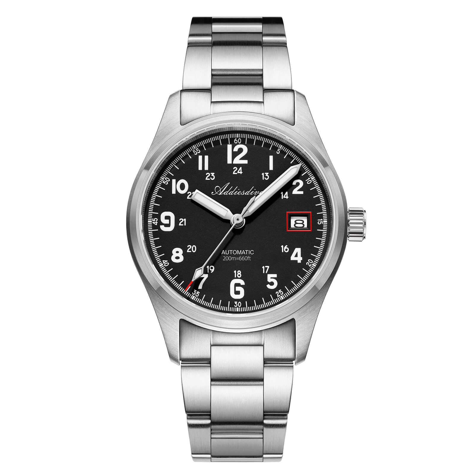 ADDIESDIVE Reloj automático Explore NH35 de 39 mm AD2070-Correa de acero-Negro-