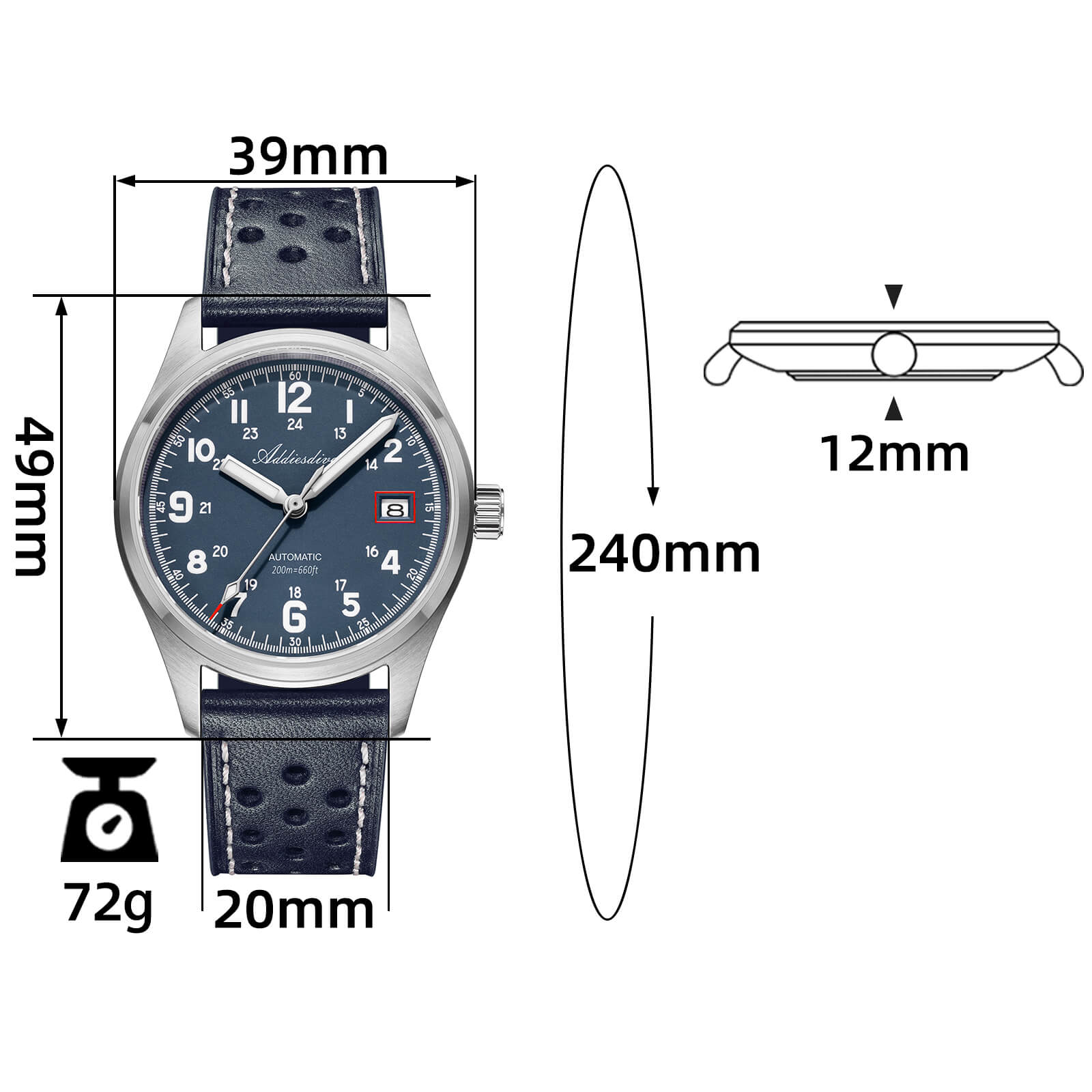 ADDIESDIVE Reloj automático Explore NH35 de 39 mm AD2070-Correa de acero-Negro-