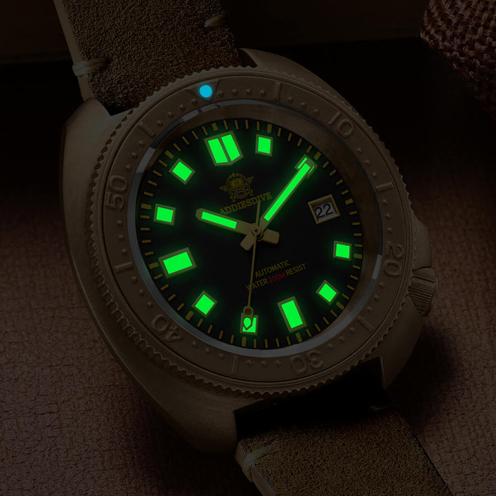 ADDIESDIVE® Reloj de buceo Bronze Turtle 200M （AD2104）-Bisel cerámico luminoso-correa de cuero-hebilla de acero
