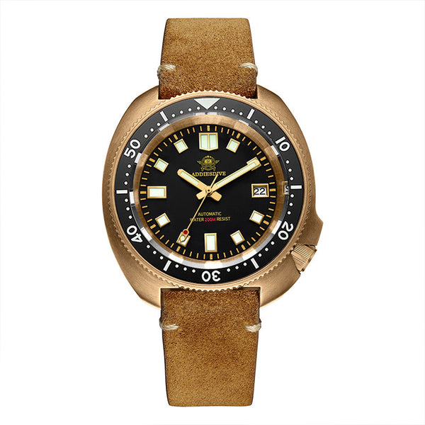 ADDIESDIVE® Reloj de buceo Bronze Turtle 200M （AD2104）-Bisel cerámico luminoso-correa de cuero-hebilla de acero