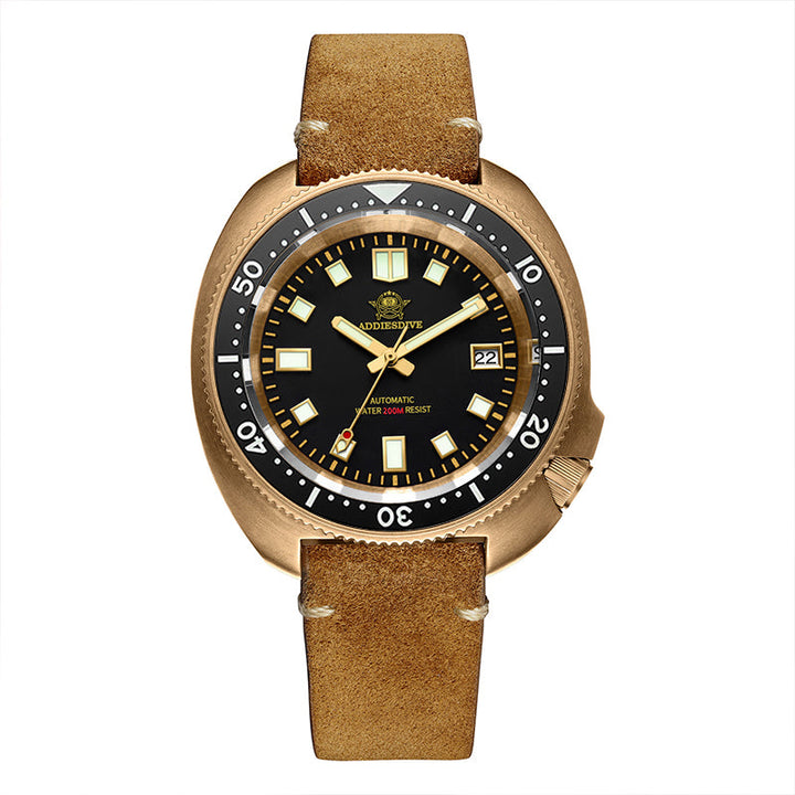 ADDIESDIVE® Reloj de buceo Bronze Turtle 200M （AD2104）-Bisel cerámico luminoso-correa de cuero-hebilla de acero