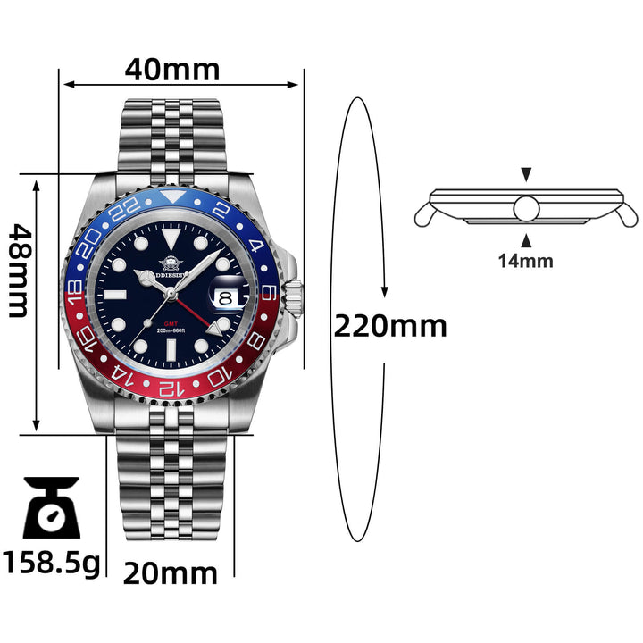 ADDIESDIVE Reloj de buceo de lujo Water Ghost GMT Reloj de cuarzo AD2050-con calendario-Azul y rojo-