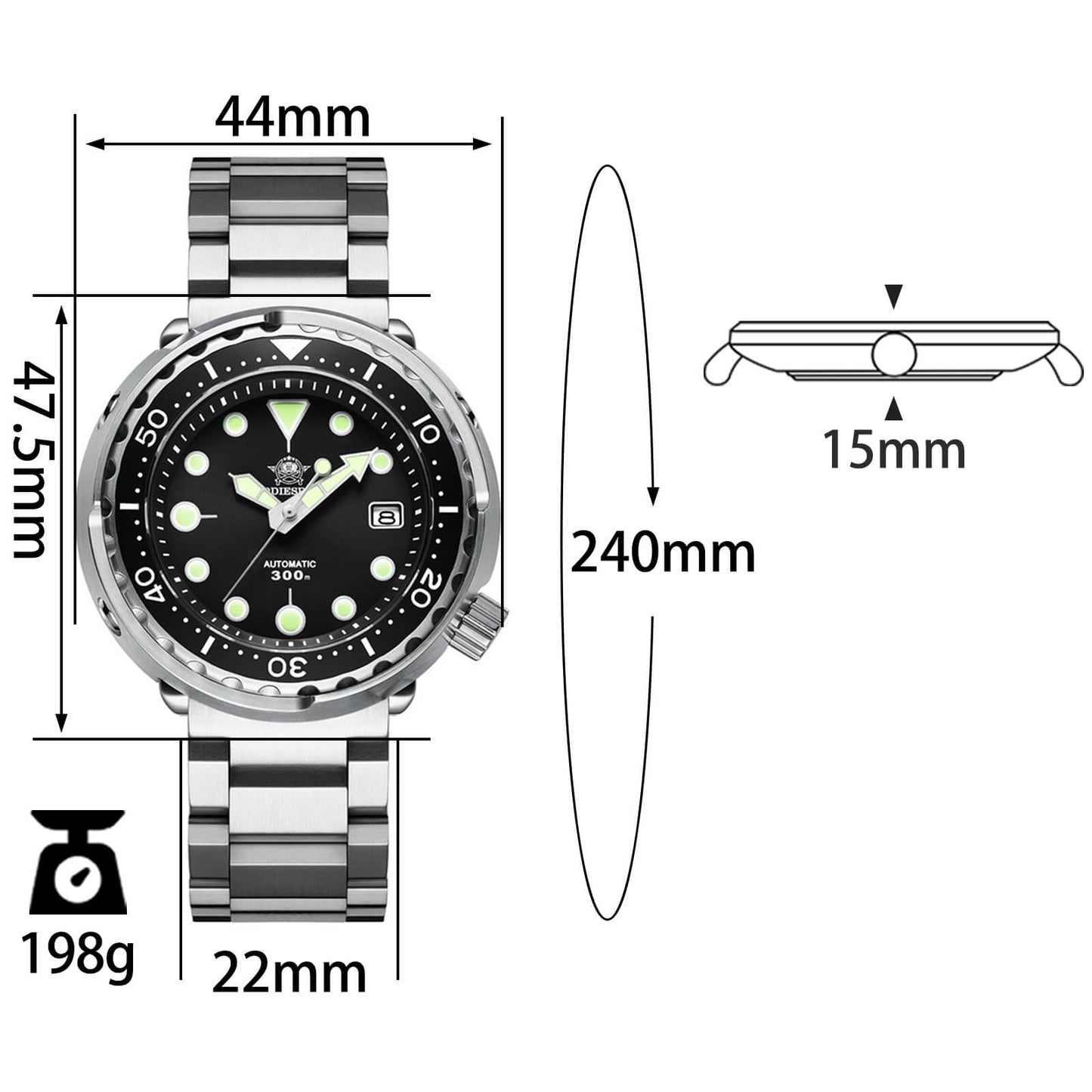 ADDIESDIVE® Tuna 300M Reloj de buceo automático Tuna Diver 3 Colores ( MY-H5)-divers watch-Negro-Correa Oyster-
