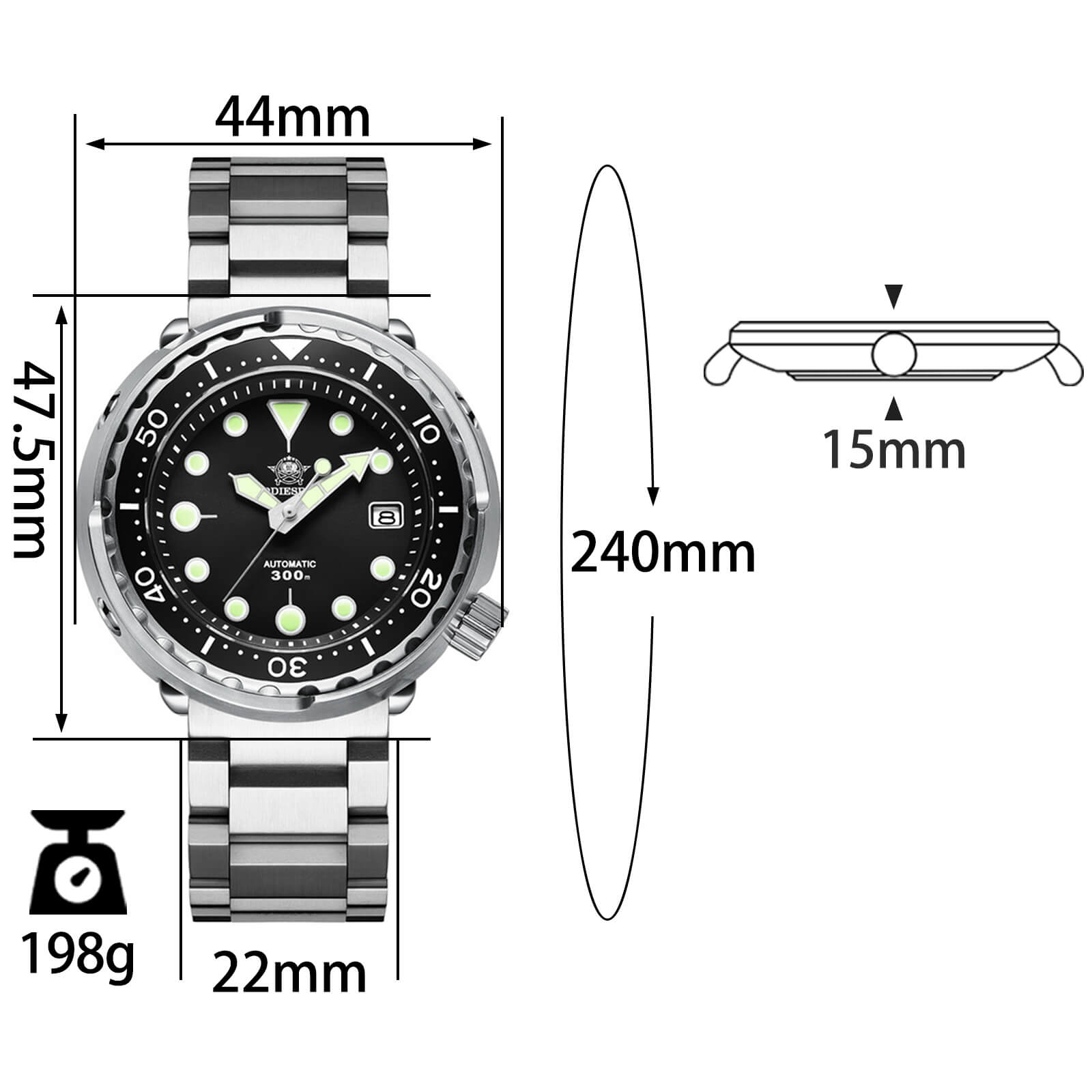 ADDIESDIVE® Tuna 300M Reloj de buceo automático Tuna Diver 3 Colores ( MY-H5)-divers watch-Negro-Correa Oyster-