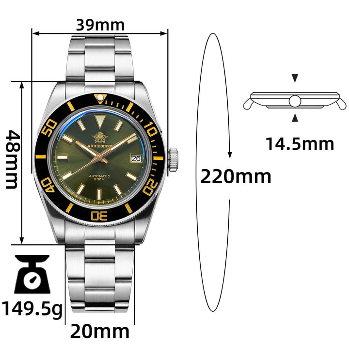 Addiesdive Retro Sub 39mm NH35 Reloj para Hombre AD2084-Verde-