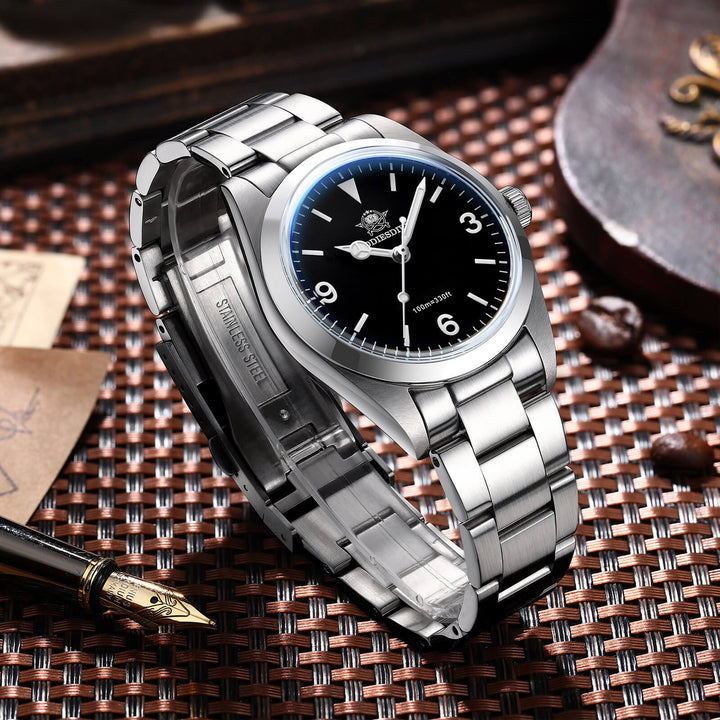 Clásico para parejas: relojes automáticos negros de 39 mm y de cuarzo negros de 36 mm-