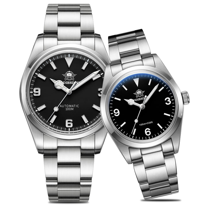 Clásico para parejas: relojes automáticos negros de 39 mm y de cuarzo negros de 36 mm-