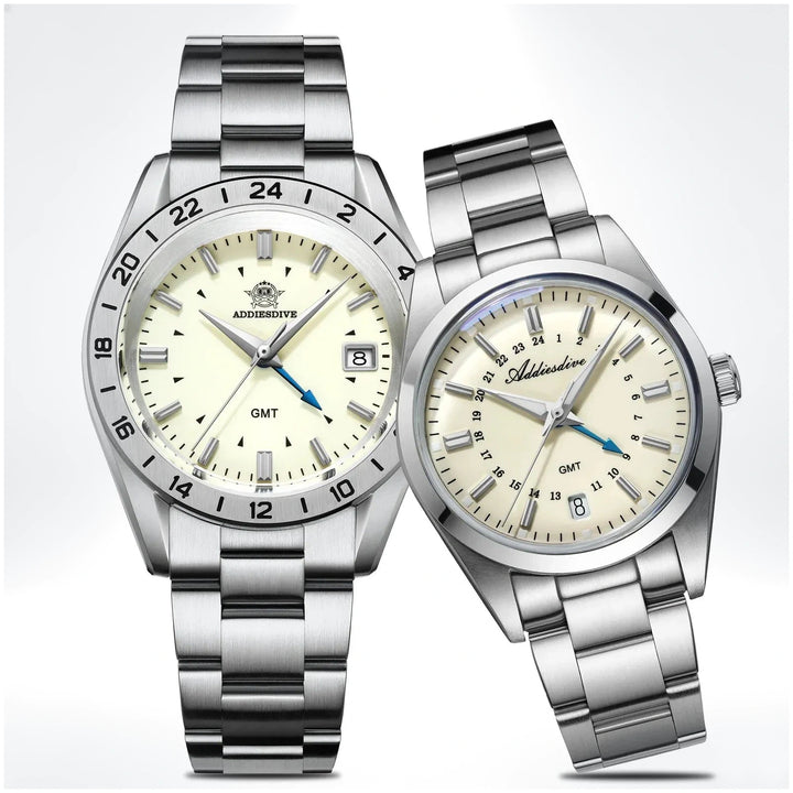 Elegante conjunto para pareja: reloj de cuarzo GMT de 38 mm y reloj de cuarzo GMT de 36 mm - Addiesdiverelojes