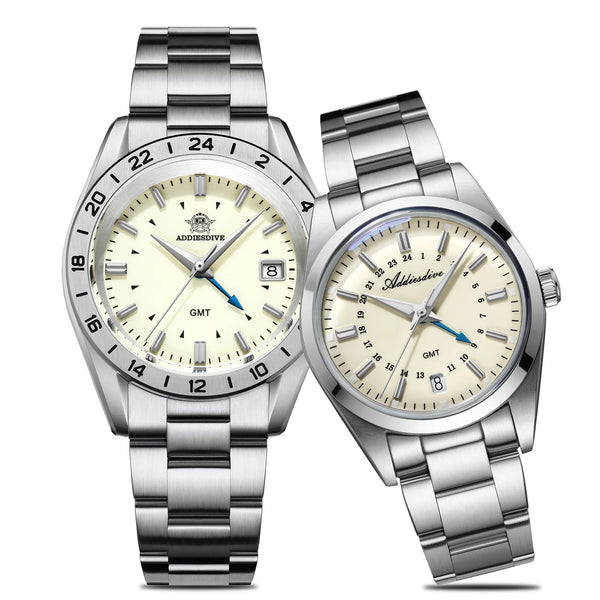 Elegante conjunto para pareja: reloj de cuarzo GMT de 38 mm y reloj de cuarzo GMT de 36 mm-