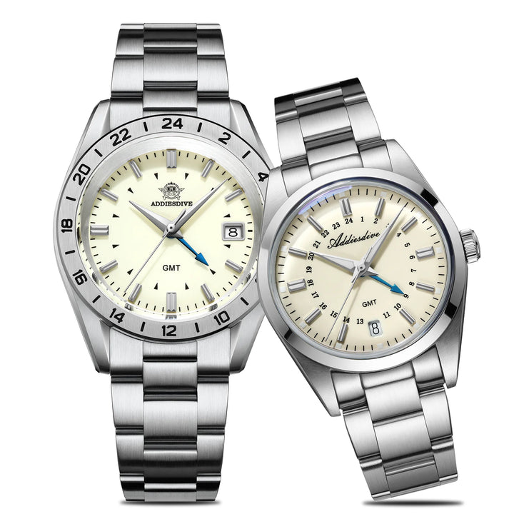 Elegante conjunto para pareja: reloj de cuarzo GMT de 38 mm y reloj de cuarzo GMT de 36 mm-