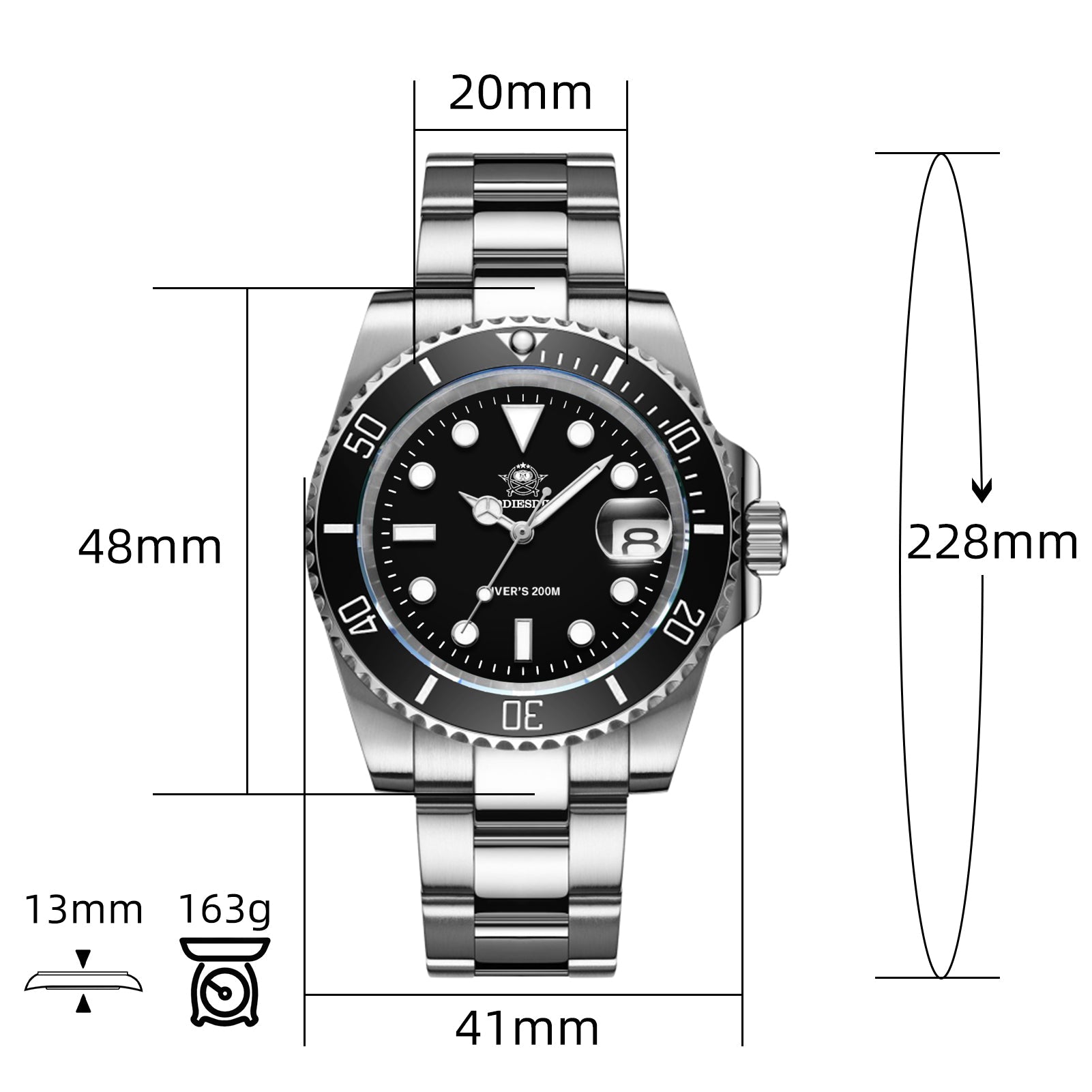 ★Especial Graduación★ADDIESDIVE Reloj Sub Quartz Diver's 200M （H3QZ）-sport watch-Correa de acero inoxidable-Negro-