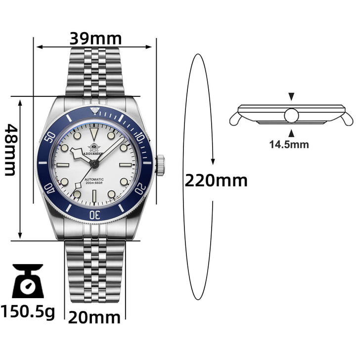 ★Especial Graduación★ADDIESDIVE Reloj automático 39mm BB58 ,AD2043-Correa de acero-Blanco-