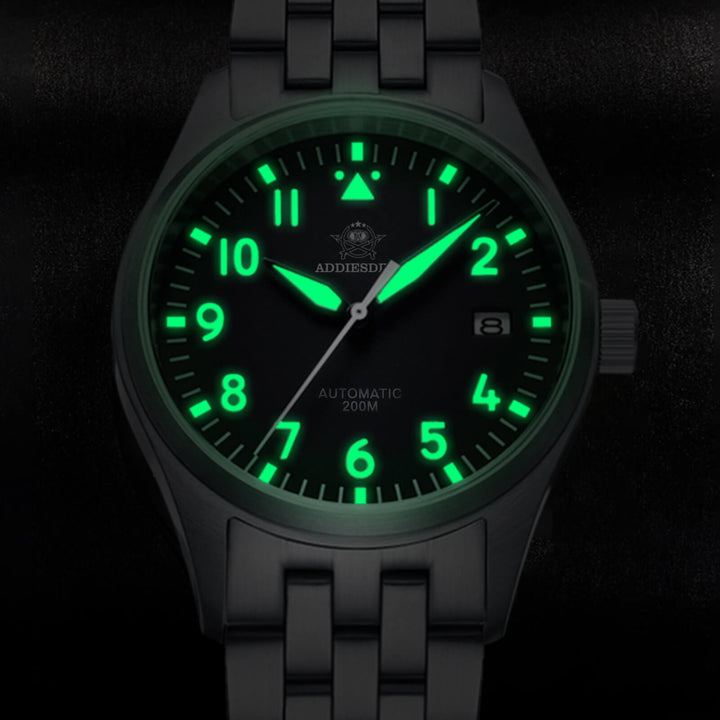 ★Especial Graduación★ADDIESDIVE® Reloj automático 39mm Movimiento NH35A Correa de acero (MY-H2)-pilot watch-Negro-