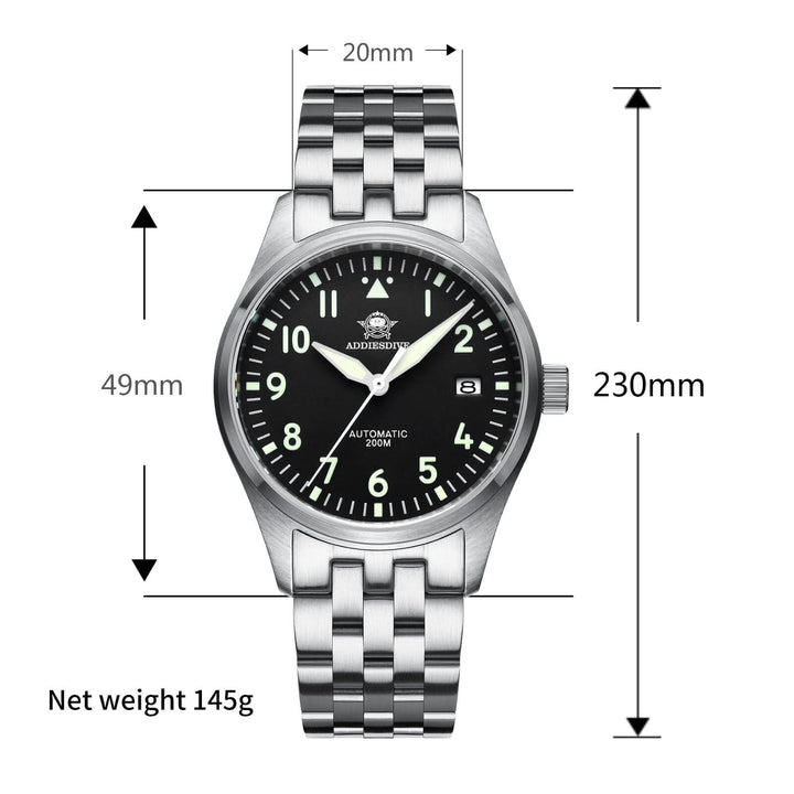 ★Especial Graduación★ADDIESDIVE® Reloj automático 39mm Movimiento NH35A Correa de acero (MY-H2)-pilot watch-Negro-