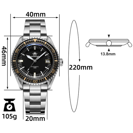 ★Especial Graduación★ADDIESDIVE Reloj de buceo automático Milsub AD2058-Correa de cuero-Negro-