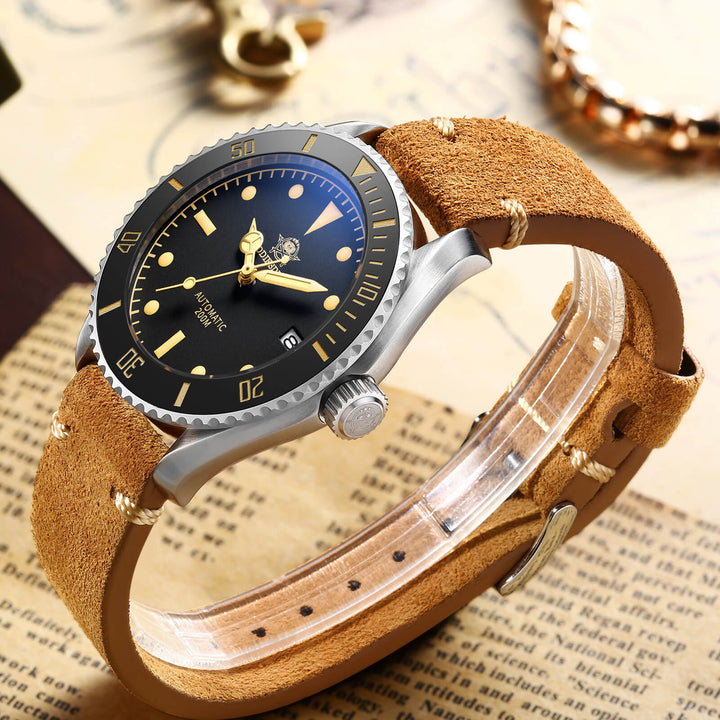 ★Oferta★ADDIESDIVE® Reloj de buceo automático de piel AD2101-Correa de cuero-