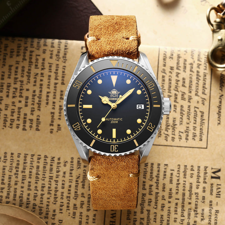 ★Oferta★ADDIESDIVE® Reloj de buceo automático de piel AD2101-Correa de cuero-