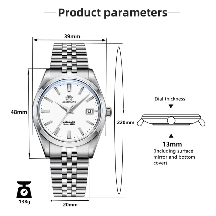 Reloj automático Addiesdive 39mm Diver's 100M NH35 (AD2029)-pilot watch-Blanco-