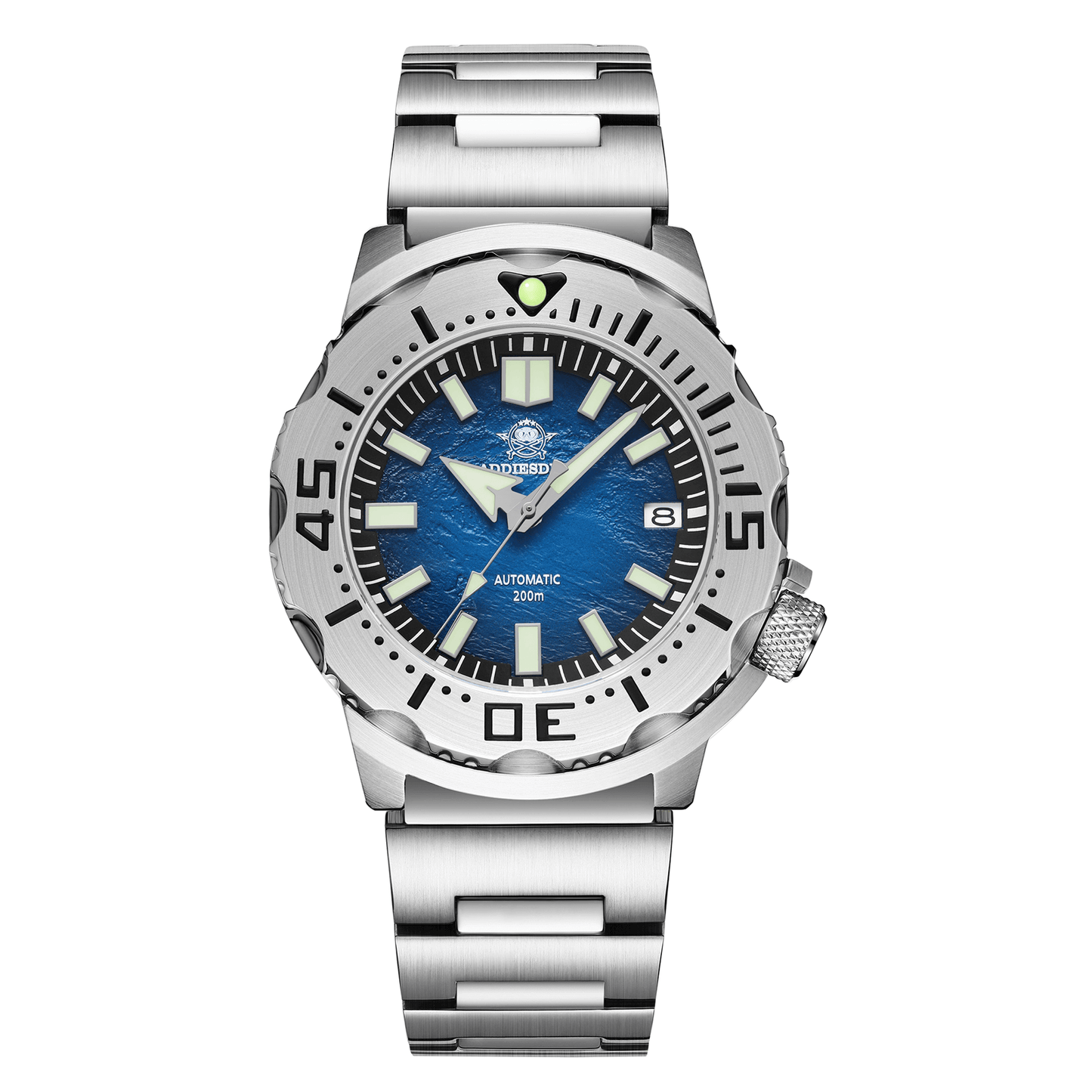 Reloj Monster con caja de acero inoxidable 316L, bisel unidireccional y cristal de zafiro sintético, movimiento automático NH35A y resistencia al agua de 200m