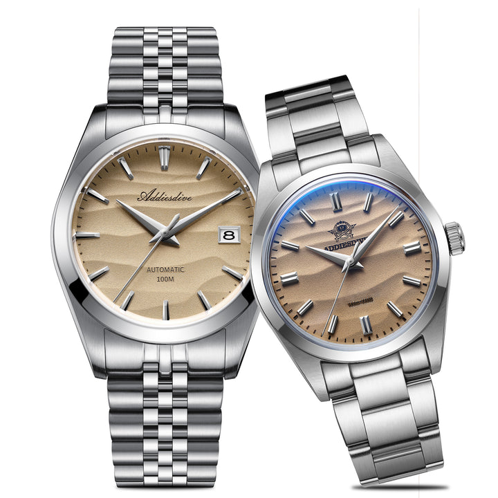 Relojes con esfera de arena para él y para ella: automático de 39 mm y cuarzo de 36 mm-Amarillo desierto-