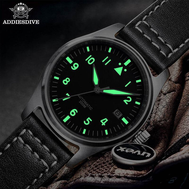 <Versión Estéril>ADDIESDIVE Black Dail Elegant Men Automatic Watch Diver 200M (H2)-pilot watch-Correa de cuero-