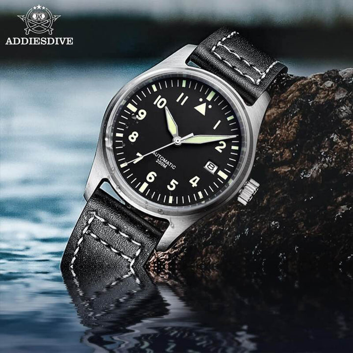 <Versión Estéril>ADDIESDIVE Black Dail Elegant Men Automatic Watch Diver 200M (H2)-pilot watch-Correa de cuero-