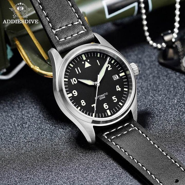 <Versión Estéril>ADDIESDIVE Black Dail Elegant Men Automatic Watch Diver 200M (H2)-pilot watch-Correa de cuero-
