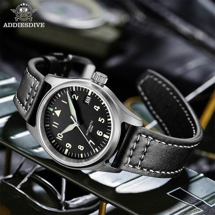 <Versión Estéril>ADDIESDIVE Black Dail Elegant Men Automatic Watch Diver 200M (H2)-pilot watch-Correa de cuero-