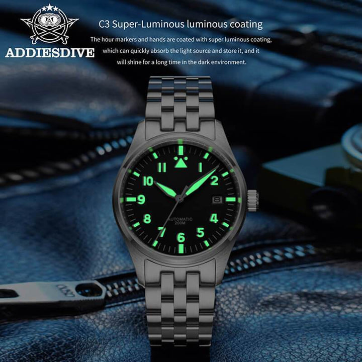 <Versión Estéril>ADDIESDIVE Black Dail Elegant Men Automatic Watch Diver 200M (H2)-pilot watch-Correa de cuero-
