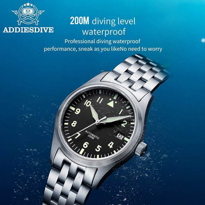 <Versión Estéril>ADDIESDIVE Black Dail Elegant Men Automatic Watch Diver 200M (H2)-pilot watch-Correa de cuero-
