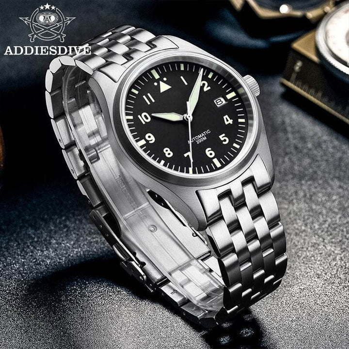 <Versión Estéril>ADDIESDIVE Black Dail Elegant Men Automatic Watch Diver 200M (H2)-pilot watch-Correa de cuero-