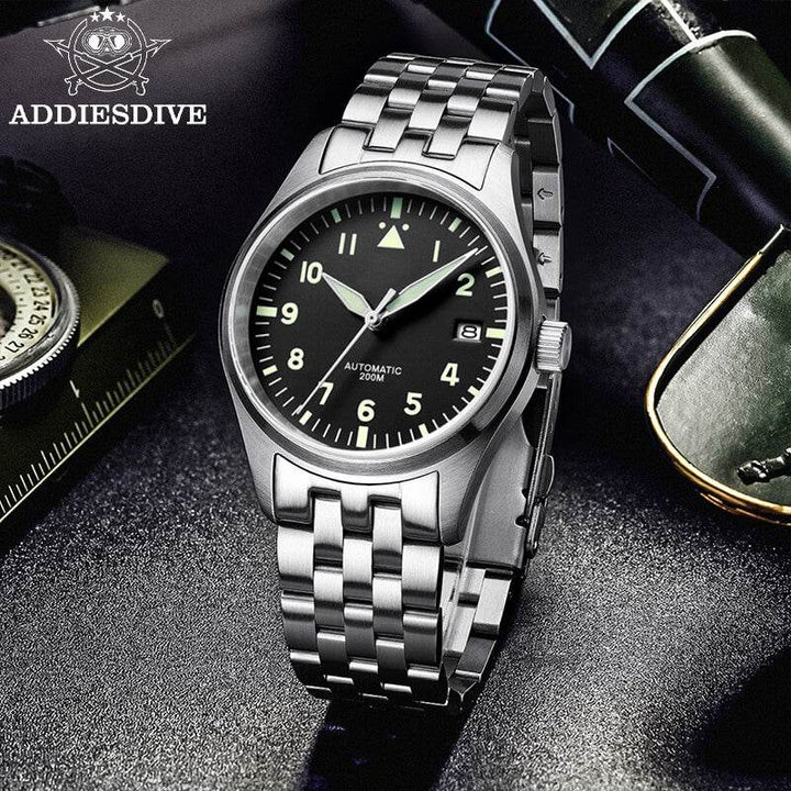 <Versión Estéril>ADDIESDIVE Black Dail Elegant Men Automatic Watch Diver 200M (H2)-pilot watch-Correa de cuero-