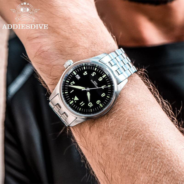 <Versión Estéril>ADDIESDIVE Black Dail Elegant Men Automatic Watch Diver 200M (H2)-pilot watch-Correa de cuero-